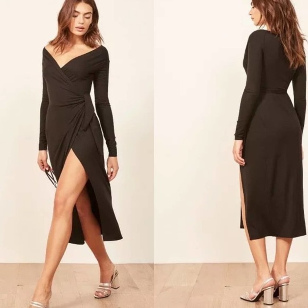 REFORMATION NWT Dama Off the Shoulder Black Wrap Dress Slit Front Long Sleeve